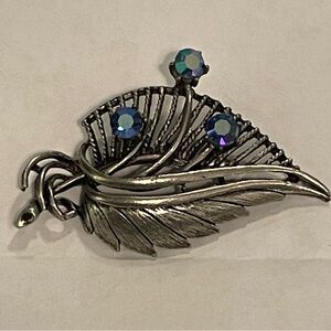 Vintage Metal Leaf Pin with Peacock Glass Stones